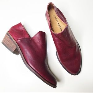 Lucky Brand Fausst Leather Sugar Dark Red Shootie Ankle Bootie Stacked Heel